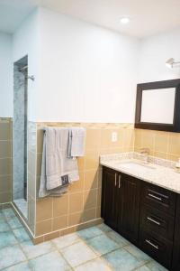 ein Bad mit einer Dusche, einem Waschbecken und einem Spiegel in der Unterkunft Best staying place in town in Mississauga