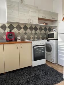 a kitchen with a washing machine and a microwave at JOVAN APARTMAN in Rospi Ćuprija +6 photos