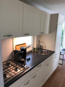 a kitchen with white cabinets and a stove and a sink at Vrijstaand Chalet in Bospark in Hattemerbroek