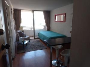 um quarto com uma cama, uma secretária e uma janela em Céntrico Departamento en Santiago em Santiago