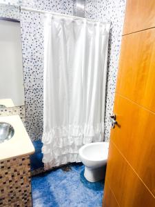 洛馬斯德薩莫拉的住宿－Casa entera con patio, parrilla y cochera，一间带卫生间和淋浴帘的浴室