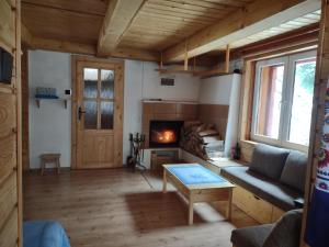 a living room with a fireplace and a couch at Chata v objetí hor: výborná dostupnost a soukromí in Párnica