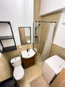 uma casa de banho com um WC, um lavatório e um chuveiro em KOWALSKA 8 APARTAMENTY ZRESETUJ SIĘ W GDAŃSKU em Gdansk