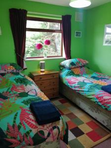 Dormitorio verde con 2 camas y ventana en Bray Cottage, en Sidmouth
