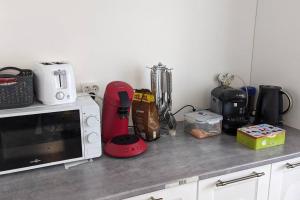 eine Küchentheke mit Mikrowelle und einigen Geräten in der Unterkunft calme rez-de-chaussée 2 Chambres 70 M2 in Roanne