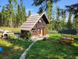 Cabaña de madera en un campo con parque infantil en Urige Waldbienenhütte, en Diex
