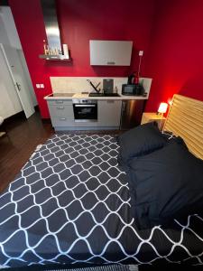 a bedroom with a bed and a red wall at 101 Studio en plein cœur historique de Bourges in Bourges +9 photos