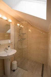 a bathroom with a glass shower and a sink at Mountain Valley View in Buşteni