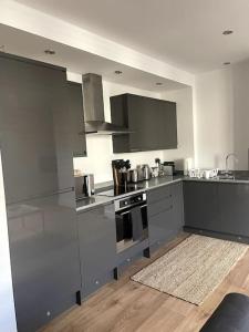 a kitchen with stainless steel appliances and gray cabinets at Abergavenny Center 2-Bed Flat in Abergavenny