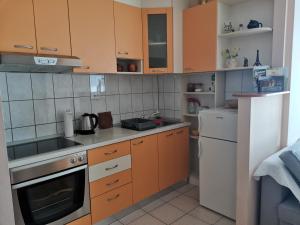 a kitchen with wooden cabinets and a white refrigerator at Apartment Sky in Solin