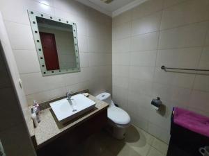 a bathroom with a sink and a toilet and a mirror at Apartamento-suite en la mejor zona de Guayaquil in Guayaquil
