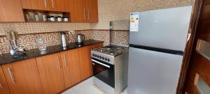 une cuisine avec une cuisinière et un réfrigérateur dans l'établissement Sami BnB - Apt 05 Makongo after Mlimani City, à Dar es Salaam