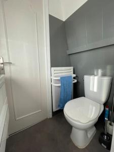 ein Badezimmer mit einem weißen WC und einem blauen Handtuch in der Unterkunft Maison Hyper Centre Brive in Brive-la-Gaillarde