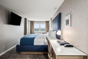 トラバースシティにあるAlexandra Innのベッドとデスクが備わるホテルルームです。