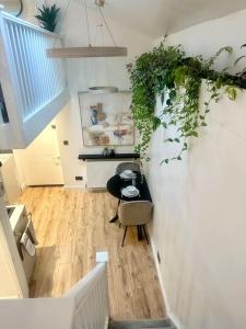 トローブリッジにあるCosy Stylish Studio Apartmentの壁に植物が飾られたテーブル付きの部屋