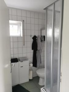een badkamer met een toilet, een wastafel en een raam bij ELW- Klein aber Fein inklusive kostenlosem Stellplatz in Leipzig