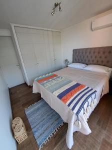 a bedroom with a large bed with a rug on the floor at Rocky House - Hostal Boutique Providencia in Santiago