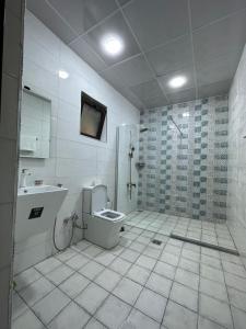 a bathroom with a shower and a toilet and a sink at Motel Victoria Sky in Erbil
