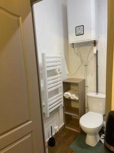 une petite salle de bain avec toilettes dans une chambre dans l'établissement Le Black and White studio centre-ville historique, à Bourges