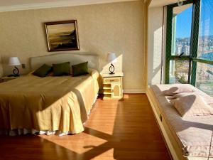 ビーニャデルマールにあるVISTAMAR CORACEROS VIÑA DEL MARのベッドルーム1室(ベッド1台、大きな窓付)