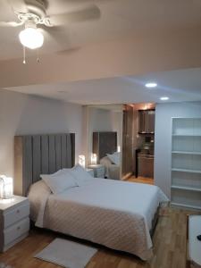 1 Schlafzimmer mit einem großen weißen Bett und einer Küche in der Unterkunft Encantadoras Habitaciones Privadas Del Valle in Mexiko-Stadt