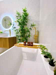 uma casa de banho com vasos de plantas e um lavatório em The Daisy House - Family-friendly & top convenient location em Melbourne