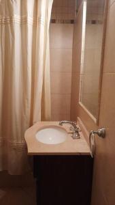 een badkamer met een wastafel en een douchegordijn bij Hermoso departamento en Recoleta in Buenos Aires