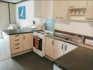 a kitchen with a stove and a sink at Evergreen Escape Hokitika in Hokitika