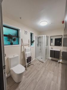 a bathroom with a toilet and a shower at Evergreen Escape Hokitika in Hokitika