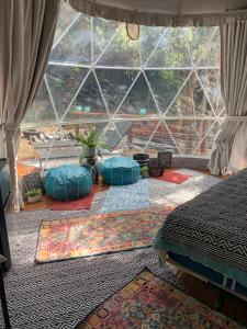 a room with pillows on the floor with a window at Manta Soul Jungle Geodome in Kealakekua