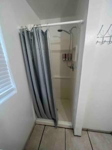 eine Duschkabine mit Duschvorhang im Bad in der Unterkunft Cozy House on the hill in Tallahassee
