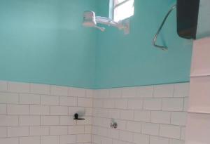 uma casa de banho com um chuveiro e um tecto azul em Ap. 2 quartos próx. Aeroporto em Marabá