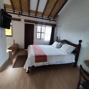 een slaapkamer met een groot bed en een televisie bij Hotel Artemisa in Sutamarchán