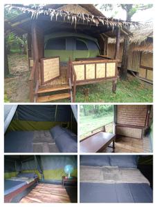 eine Collage mit Bildern eines Zeltes mit einer Bank in der Unterkunft Tony's Country Glamping with chalet with private wash room accommodation in El Nido