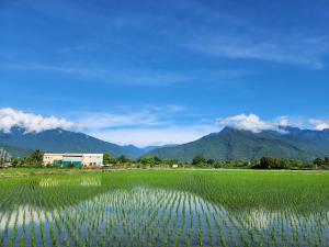 a field of green grass with mountains in the background at Najima B&B in Jian