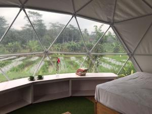 a bedroom in a dome tent with a view of a field at Borobudur Luxury Glamping in Magelang