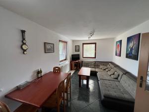 ein Wohnzimmer mit einem Sofa und einem Tisch in der Unterkunft Apartmán Harrachov in Harrachov
