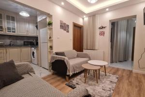 a living room with a couch and a table at Cozy 2 bedroom near Green Mosque in Yıldırım