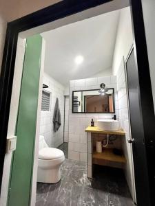 a bathroom with a toilet and a sink and a mirror at Departamento TAPO/Aeropuerto in Mexico City