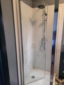 La salle de bains est pourvue d'une douche avec une porte en verre. dans l'établissement Du coq à l'âne, à LʼAbsie