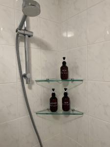 two shelves in a shower with two bottles of soap at Steinach-Apartment-Neuffen in Neuffen