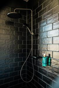 pared de ladrillo negro con baño con ducha en The Boutique Hotel Dsignio, en Ladenburg