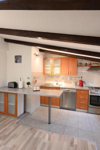 a large kitchen with wooden cabinets and stainless steel appliances at Apartment Kokolo sea view Hvar in Hvar