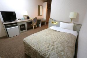 a hotel room with a bed and a desk and a television at Hotel Access in Iwaki