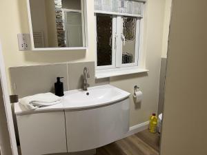 baño con lavabo blanco y ventana en Charming 1-Bed Lodge in woodland setting en Great Yarmouth