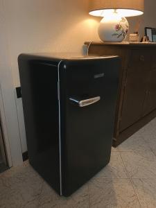 a black refrigerator in a room with a lamp at L'Adret in Aosta