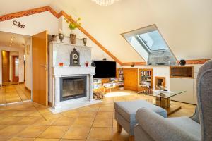 ein Wohnzimmer mit einem Kamin und einem Dachfenster in der Unterkunft Ferienwohnung Zur Imme in Lindau