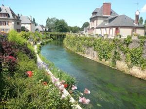 een rivier in een dorp met bloemen en huizen bij Le Calme en Hyper-Centre in Pont-lʼÉvêque
