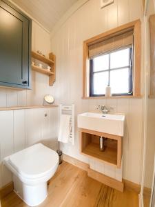 La salle de bains est pourvue de toilettes et d'un lavabo. dans l'établissement The Black Swan Shepherd Hut, à Ketton