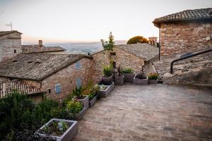 un cortile di un antico edificio in pietra con piante in vaso di Roof Garden Rooms ad Assisi
